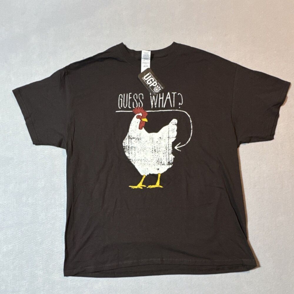 Gildan Cotton Guess What Chicken Graphic Men's Black T-Shirt XL funny humerus